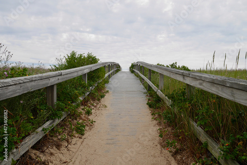 Sandwich boardwalk  famous walkway to sand dunes. Cape Cod  Massachusetts  USA 