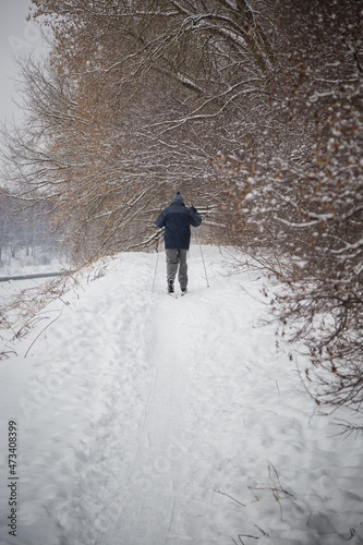 A man is skiing on a snow-covered road on the river bank along the trees.