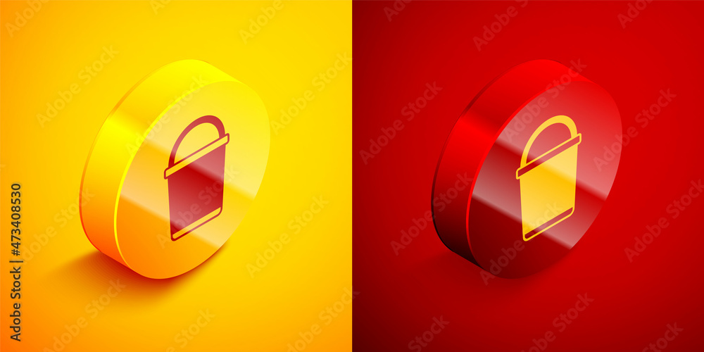 Isometric Bucket icon isolated on orange and red background. Circle button. Vector