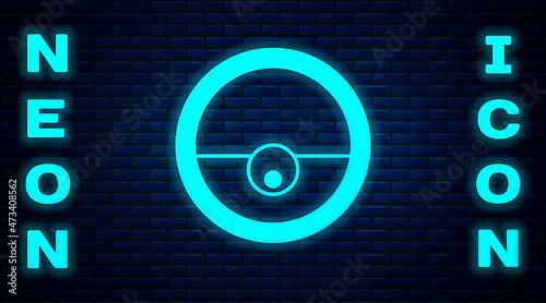 Glowing neon Robot vacuum cleaner icon isolated on brick wall background. Home smart appliance for automatic vacuuming, digital device for house cleaning. Vector