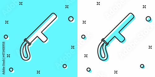 Black line Police rubber baton icon isolated on green and white background. Rubber truncheon. Police Bat. Police equipment. Random dynamic shapes. Vector