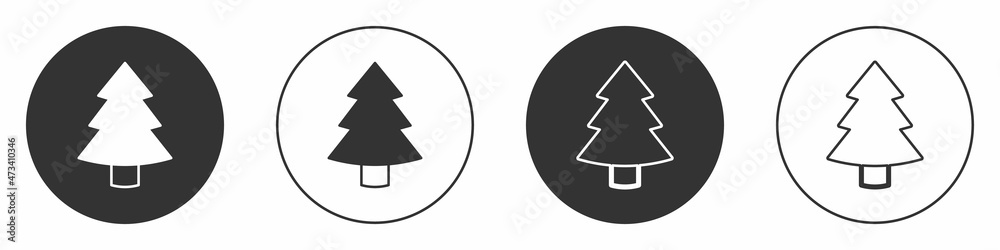 Black Christmas tree icon isolated on white background. Merry Christmas and Happy New Year. Circle button. Vector Black Christmas tree icon isolated on white background. Merry Christmas and Happy New Year. Circle button. Vector