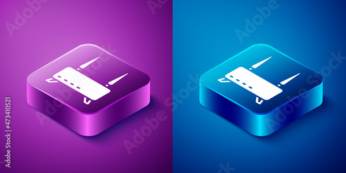 Isometric Router and wi-fi signal icon isolated on blue and purple background. Wireless ethernet modem router. Computer technology internet. Square button. Vector