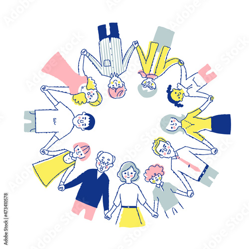 輪になって手を繋ぐさまざまな人種の人々