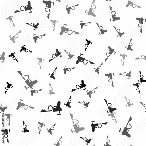 Black Fishing harpoon icon isolated seamless pattern on white background. Fishery manufacturers for catching fish under water. Diving underwater equipment. Vector