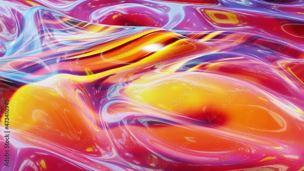 Fototapeta premium 3d render. Liquid red yellow orange pattern like waves. 3D stylish abstract bg of wavy surface like brilliant liquid marble with beautiful gradient colors. Trendy colorful fluid