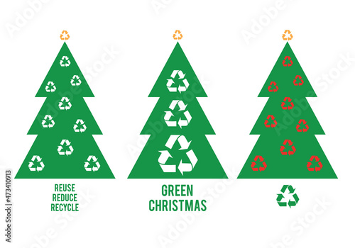 Green Christmas trees with recycling sign, vector set