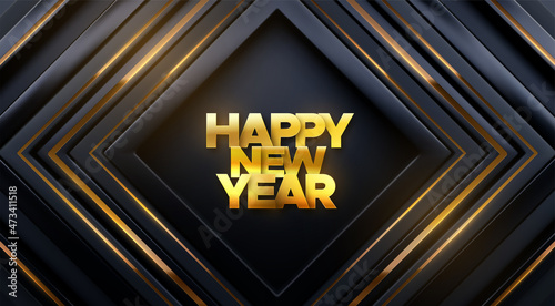Happy New Year golden sign on black geometric square background.