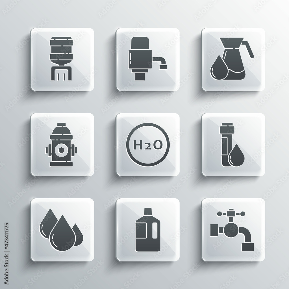 Set Big bottle with clean water, Water tap, Test tube drop, Chemical formula for H2O, Fire hydrant, cooler and Jug glass icon. Vector Set Big bottle with clean water, Water tap, Test tube drop, Chemical formula for H2O, Fire hydrant, cooler and Jug glass icon. Vector