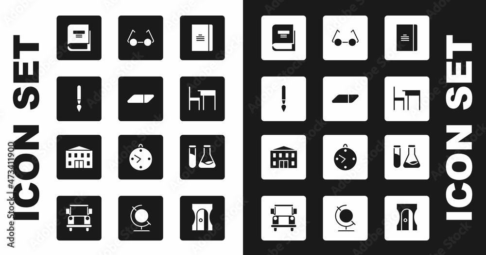Set Spiral notebook, Eraser or rubber, Paint brush, Book, School table and chair, Glasses, Test tube flask and building icon. Vector Set Spiral notebook, Eraser or rubber, Paint brush, Book, School table and chair, Glasses, Test tube flask and building icon. Vector