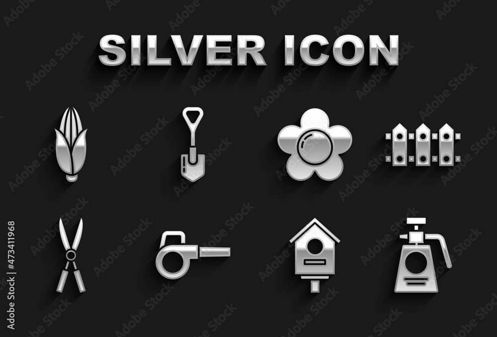 Set Leaf garden blower, Garden fence wooden, sprayer for fertilizer, Bird house, Gardening handmade scissors, Flower, Corn and Shovel icon. Vector Set Leaf garden blower, Garden fence wooden, sprayer for fertilizer, Bird house, Gardening handmade scissors, Flower, Corn and Shovel icon. Vector