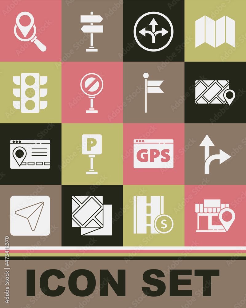 Set Location with store, Road traffic sign, City map navigation, Stop, Traffic light, Search location and marker icon. Vector Set Location with store, Road traffic sign, City map navigation, Stop, Traffic light, Search location and marker icon. Vector