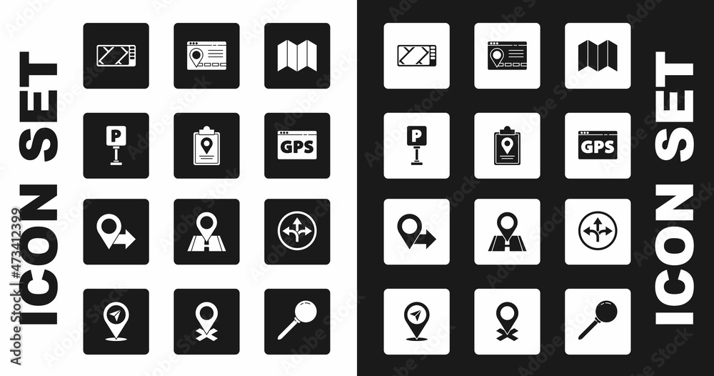 Set Folded map, with location marker, Parking, Gps device, Infographic of city navigation, Road traffic sign and Location icon. Vector Set Folded map, with location marker, Parking, Gps device, Infographic of city navigation, Road traffic sign and Location icon. Vector