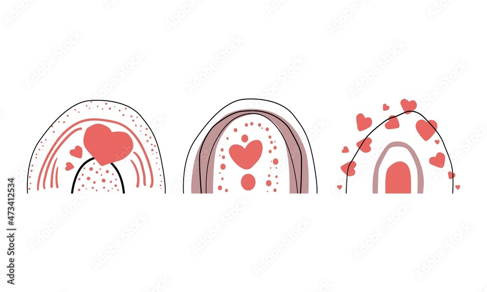 Set of abstract rainbows with hearts. Minimalism, boho. Wall decor. Design elements for book cover, page template, print, card, brochure, magazine, poster. Vector Set of abstract rainbows with hearts. Minimalism, boho. Wall decor. Design elements for book cover, page template, print, card, brochure, magazine, poster. Vector