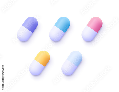 Set of color medical pills. 3d vector icon. Cartoon minimal style. Medical capsule and drugs. Healthcare and medicine concept.