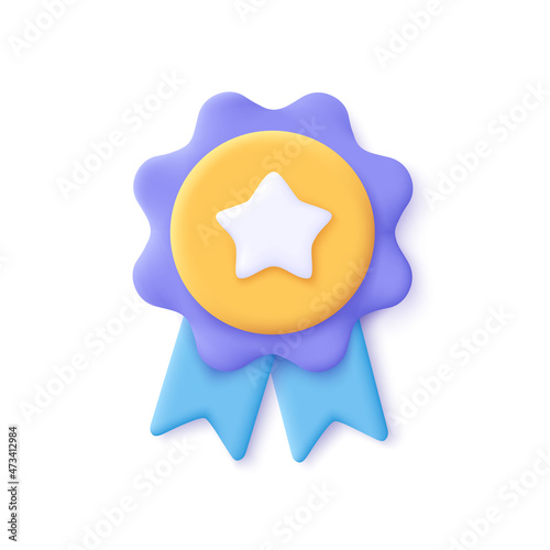 Winner medal with star and ribbon. 3d vector icon. Cartoon minimal style. Premium quality, quality guarantee symbol.