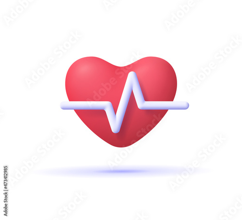 Red heart with white pulse line on white background. Heart pulse, heartbeat lone, cardiogram. Healthy lifestyle, cardiac assistance, pulse beat measure, medical healthcare concept. 3d vector icon.