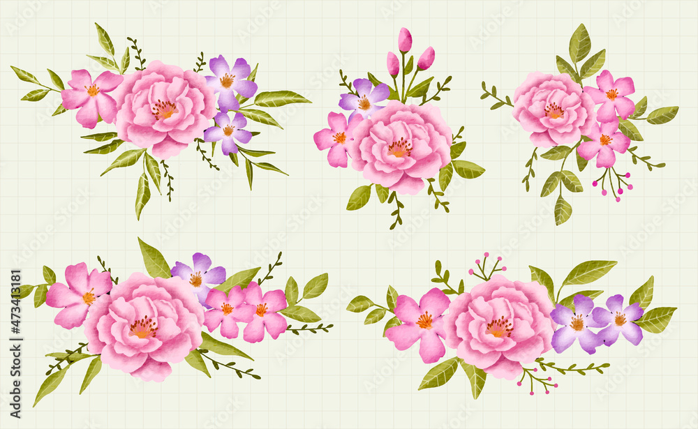 Set of isolated hand painted watercolor floral flower leaves pink roses