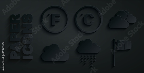 Set Cloud with rain, Sun and cloud weather, Cone windsock wind vane, Celsius and Fahrenheit icon. Vector