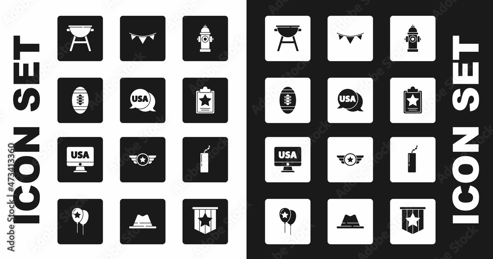 Set Fire hydrant, USA label, American Football ball, Barbecue grill, Independence day, Carnival garland with flags, Dynamite bomb and on monitor icon. Vector Set Fire hydrant, USA label, American Football ball, Barbecue grill, Independence day, Carnival garland with flags, Dynamite bomb and on monitor icon. Vector