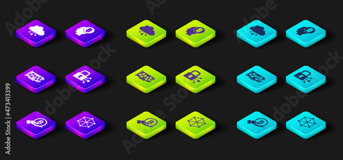 Set Hand holding Bitcoin, Blockchain technology, Video graphic card, Lock with bitcoin, think and Cryptocurrency cloud mining icon. Vector