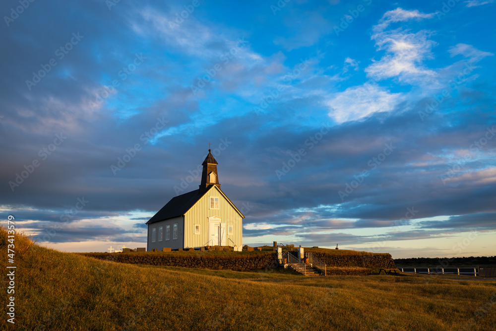 Fototapeta premium Strandkirkja (Strandar kirkja) in south Iceland at sunset