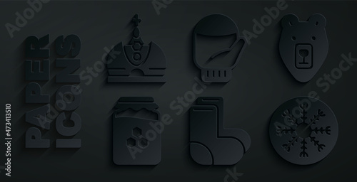 Set Valenki, Bear head, Jar of honey, Snowflake, Christmas mitten and King crown icon. Vector