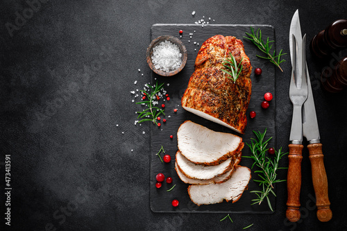 Konstfotografi Christmas turkey ham roasted for festive dinner on black background