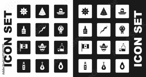 Set Mexican sombrero, Snake, Tequila bottle, Sun, skull, Nachos, and glass and Mexico flag icon. Vector