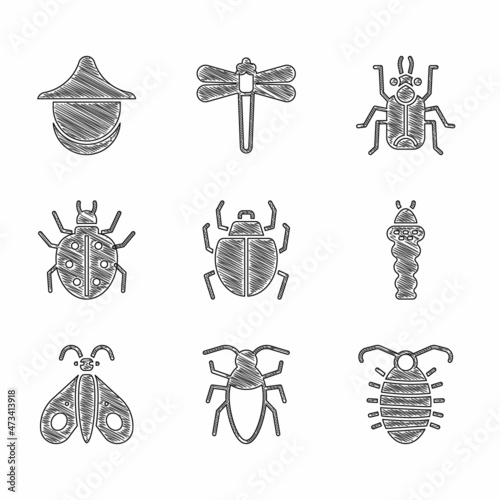 Set Mite, Cockroach, Larva insect, Butterfly, Beetle bug and Beekeeper hat icon. Vector
