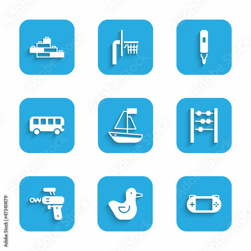 Set Toy boat, Rubber duck, Portable video game console, Abacus, Ray gun, Bus toy, Marker pen and building block bricks icon. Vector
