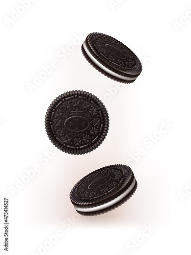 3d realistic vector icon. Falling oreo chocolate cookies. Isolated on white background. photo