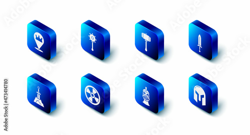 Set Medieval chained mace ball, Hammer, sword, iron helmet, Round wooden shield, Sword the stone and Location king crown icon. Vector