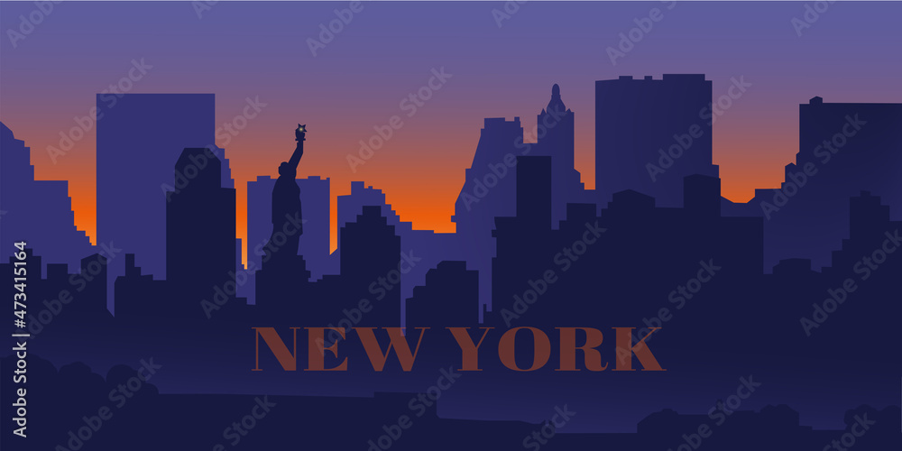 Silhouette of the night city of New York and the Statue of Liberty at sunset