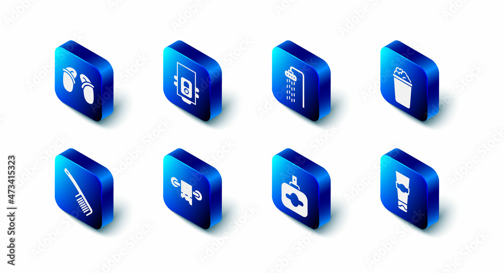 Set Gas boiler, Shower, Bucket with soap suds, Tube of toothpaste, Perfume, Toilet paper roll, Hairbrush and Flip flops icon. Vector Set Gas boiler, Shower, Bucket with soap suds, Tube of toothpaste, Perfume, Toilet paper roll, Hairbrush and Flip flops icon. Vector