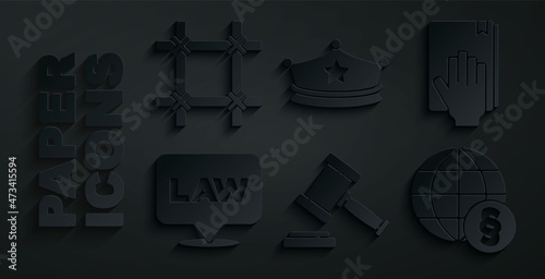 Set Judge gavel, Oath on the Holy Bible, Location law, International, Police cap with cockade and Prison window icon. Vector