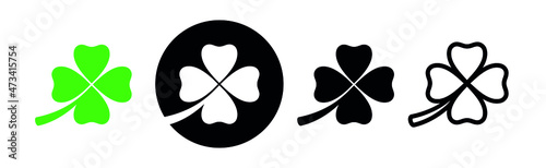 Four-leaf clover icons set. Good luck symbol. Attribute of the Irish Leprechaun. Isolated vector illustration on white background.