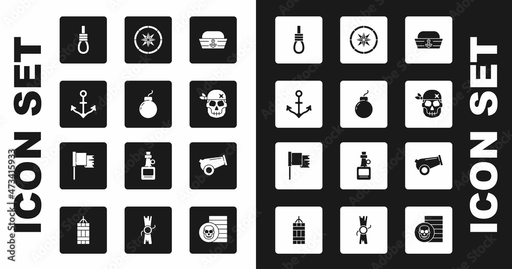 Set Sailor hat, Bomb ready to explode, Anchor, Gallows rope loop hanging, Skull, Compass, Cannon and Pirate flag icon. Vector Set Sailor hat, Bomb ready to explode, Anchor, Gallows rope loop hanging, Skull, Compass, Cannon and Pirate flag icon. Vector