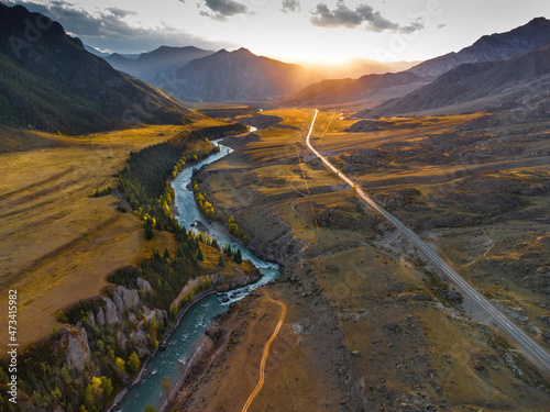 Chuya River Valley , winding river, Altai Republic, Siberia, Russia, aerial view from above. photo