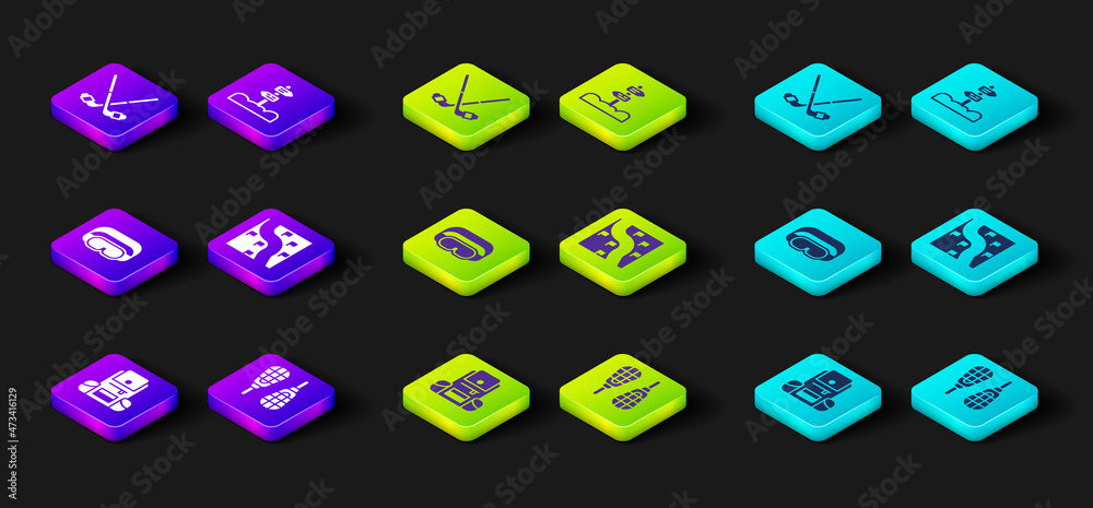 Set Hiking backpack, Snowshoes, Ski goggles, Route location, Road traffic signpost and Ice hockey sticks icon. Vector Set Hiking backpack, Snowshoes, Ski goggles, Route location, Road traffic signpost and Ice hockey sticks icon. Vector