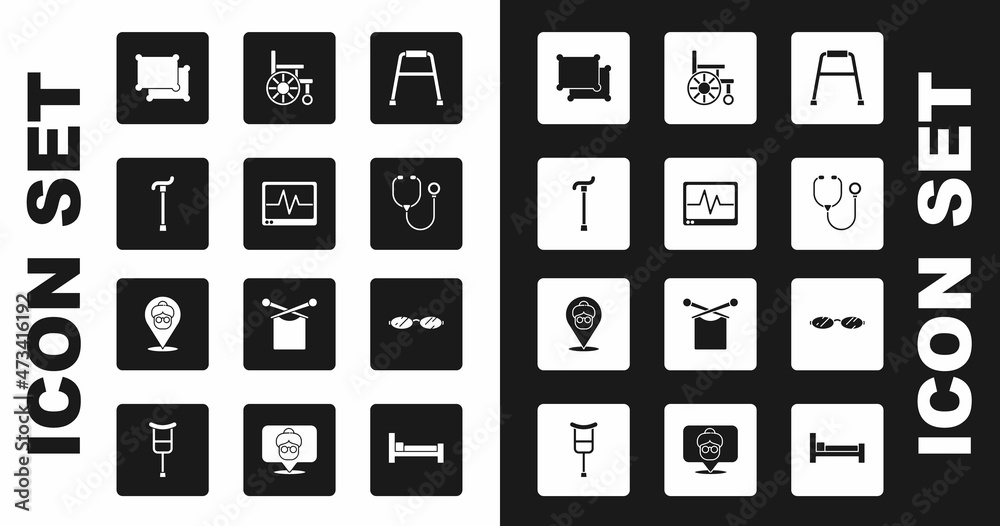 Set Walker, Monitor with cardiogram, Walking stick cane, Pillow, Stethoscope, Wheelchair, Eyeglasses and Nursing home icon. Vector Set Walker, Monitor with cardiogram, Walking stick cane, Pillow, Stethoscope, Wheelchair, Eyeglasses and Nursing home icon. Vector