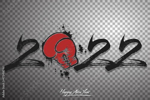 Numbers 2022 and a abstract boxing glove made of blots in grunge style. Design text logo Happy New Year 2022. Template for greeting card, banner, poster. Vector illustration on isolated background
