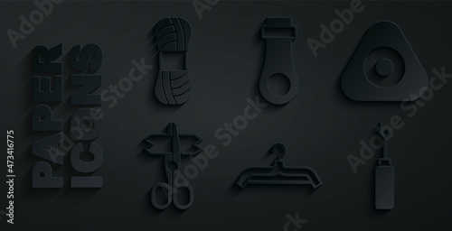 Set Hanger wardrobe, Sewing chalk, Scissors, Awl tool, Zipper and Yarn icon. Vector