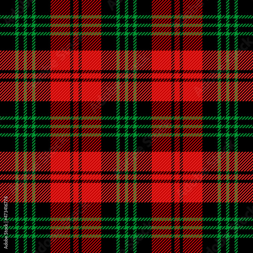 Christmas and new year tartan plaid. Scottish pattern in red, black and green cage. Scottish cage. Traditional Scottish checkered background. Seamless fabric texture. Vector illustration