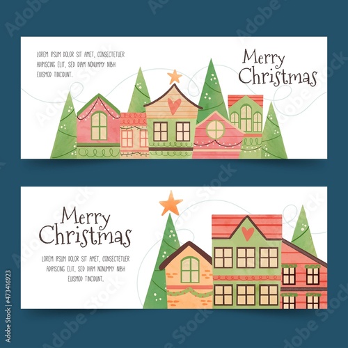 watercolor christmas town banners vector design illustration