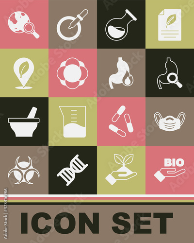 Set Bio healthy food, Medical protective mask, Stomach with magnifying glass, Test tube and flask, Molecule, Location leaf, Magnifying globe and heartburn icon. Vector