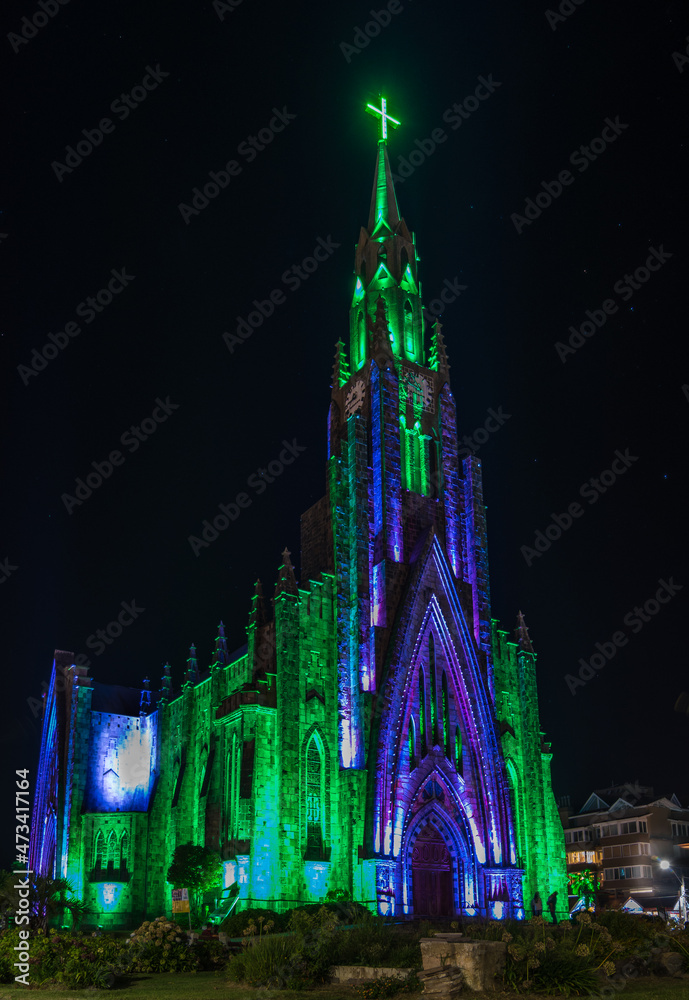 Canela, Rio Grande do Sul, Brazil, March 2019 - night view of Catedral de Pedra (Stone Cathedral), a famous church at Canela