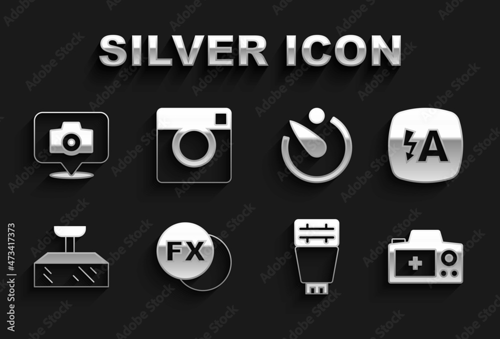 Set Photo camera fx, Auto flash, Softbox light, Camera timer, and icon. Vector Set Photo camera fx, Auto flash, Softbox light, Camera timer, and icon. Vector