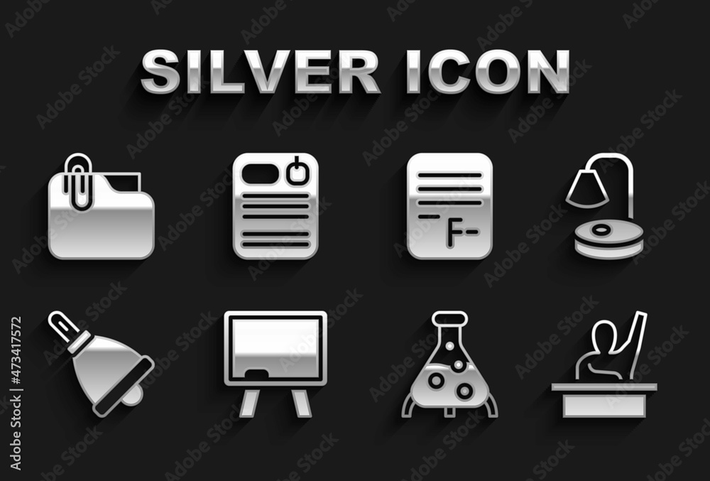 Set Chalkboard, Table lamp, Male kid raising hand, Test tube flask, Ringing bell, Exam paper with incorrect answers, Document folder clip and Dossier icon. Vector Set Chalkboard, Table lamp, Male kid raising hand, Test tube flask, Ringing bell, Exam paper with incorrect answers, Document folder clip and Dossier icon. Vector