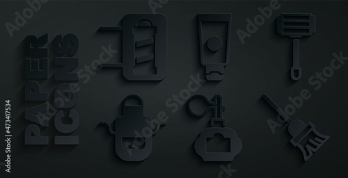 Set Aftershave, Shaving razor, Barber apron, Mop, Cream cosmetic tube and shop pole icon. Vector